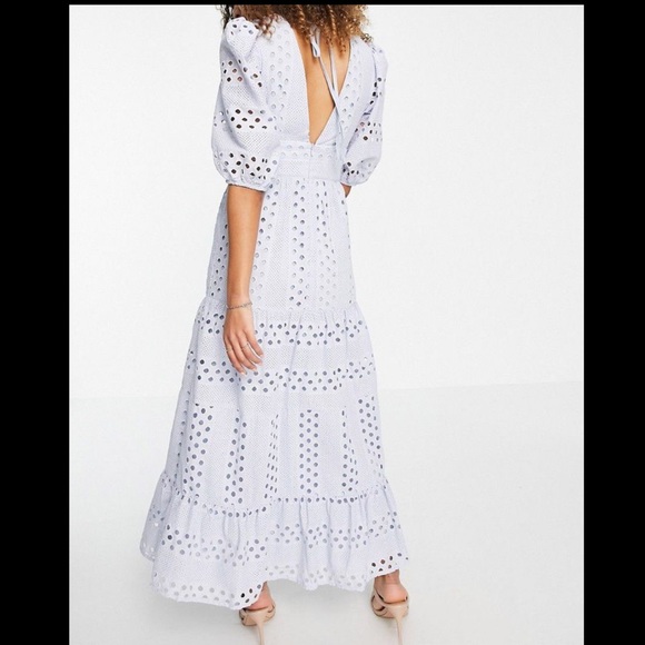 ASOS DESIGN PREMIUM PLUNGE BRODERIE TIERED MIDI DRESS WITH BUTTON NECK WITH - Picture 4 of 12